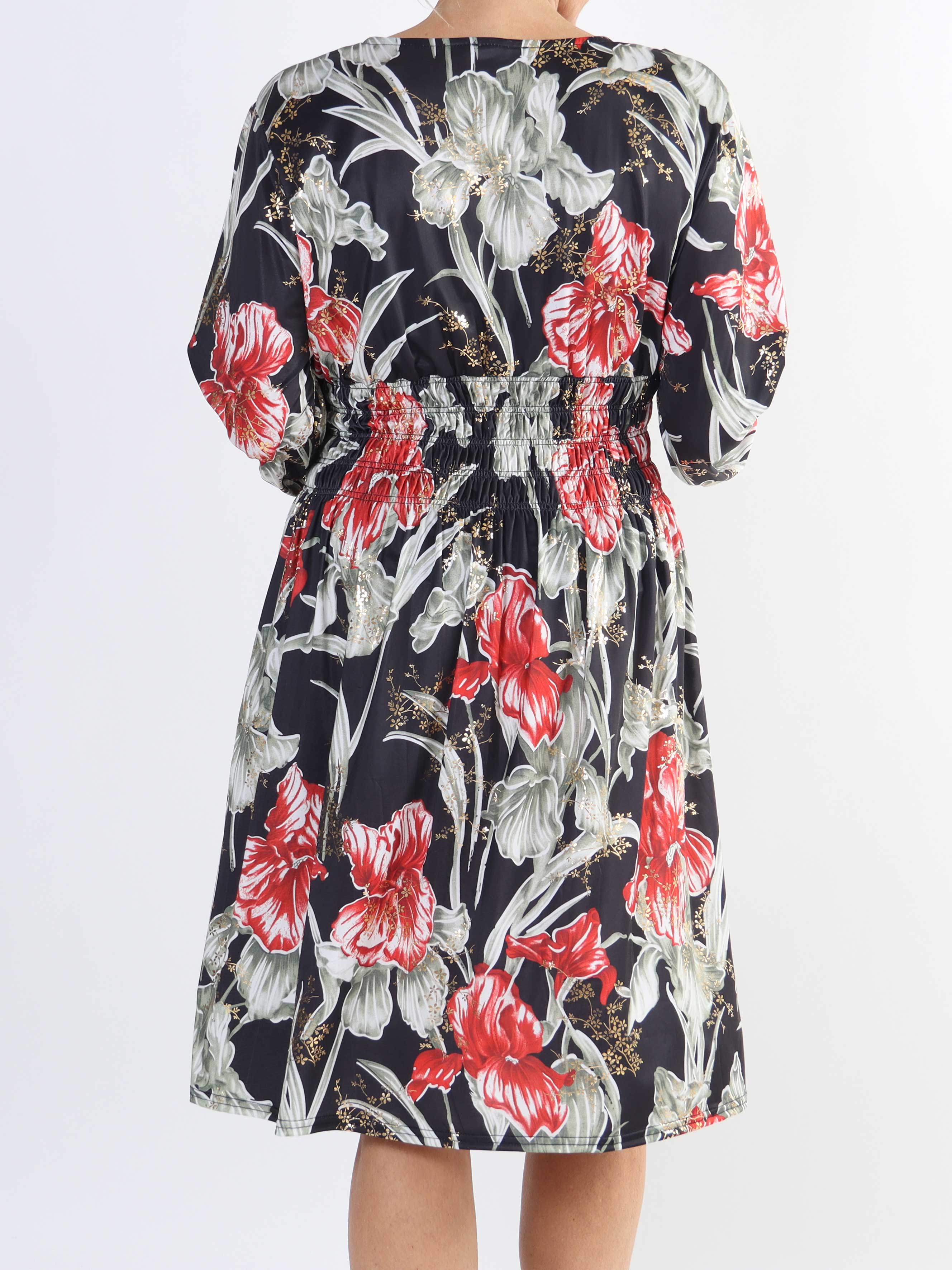 Pams Flower Short L/S - Elastisk mønstret plus size kjole i krølfrit stof